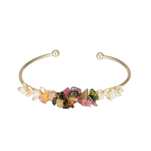 Ladies Flower Arrangement Pearl Bangle Bracelet in Gold Plated