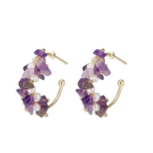 Ladies Amethyst and Pearl Hoop Earrings in Gold Plated