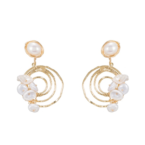 Ladies Circular Swirl Pearl Earrings in Gold Plated
