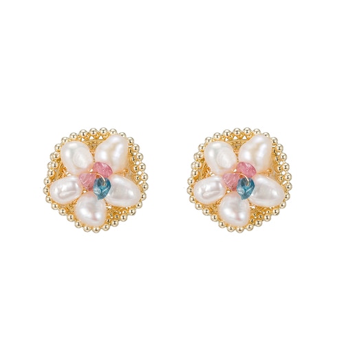 Ladies Flower Pearl Earrings in Gold Plated