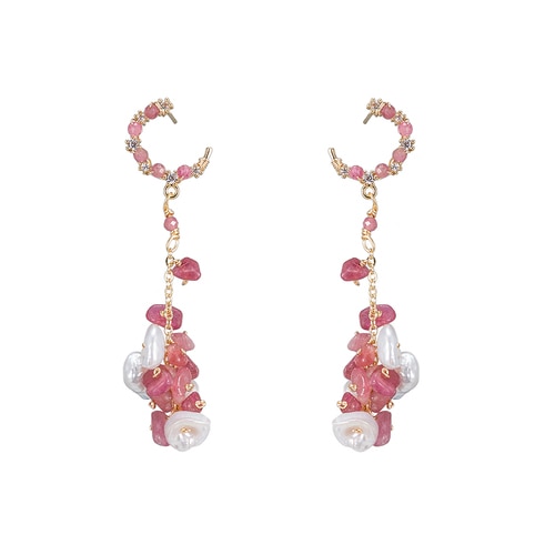 Ladies Chained Pearl with Pink Crystals Earrings in Gold Plated
