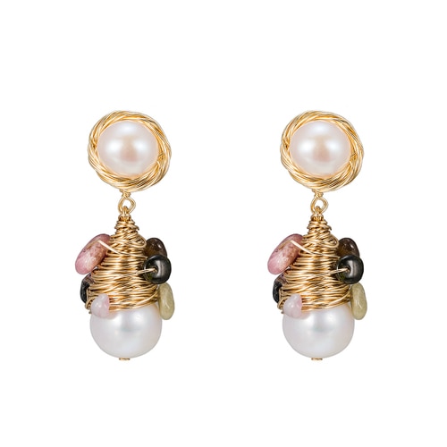 Ladies Pearl Bulb with Gemstone Earrings in Gold Plated
