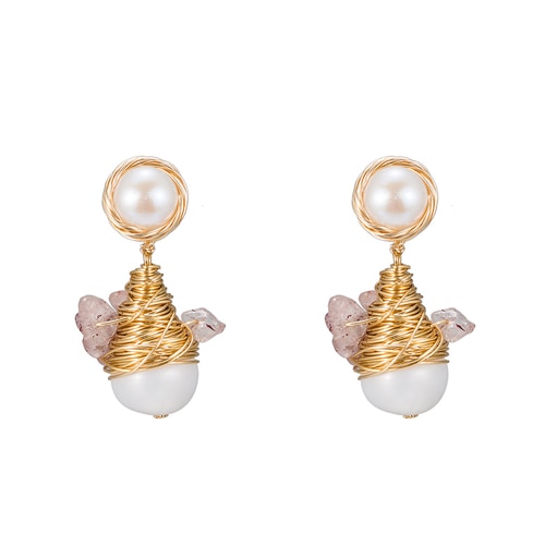 Ladies Pearl Bulb with Pink Stone Earrings in Gold Plated