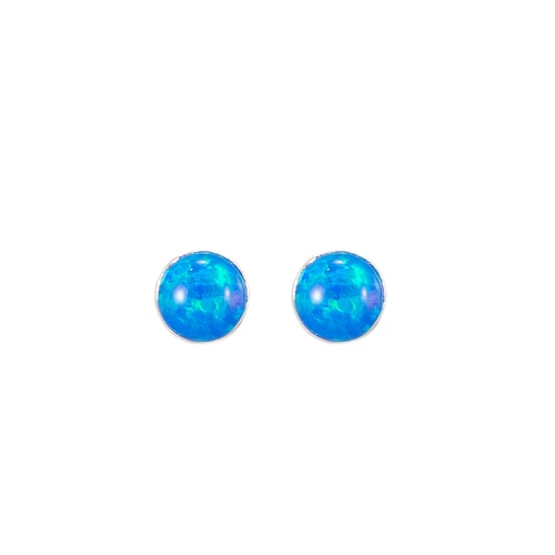 Ladies Round Blue Opal Stud Earrings in Sterling Silver