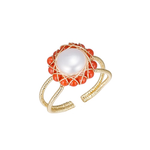 Ladies Pearl with Red Stone Gold Plated Ring