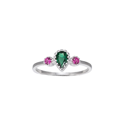 Ladies Emerald and Ruby Stone Sterling Silver Ring