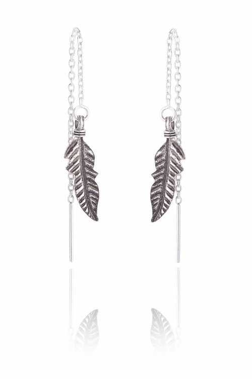 Ladies Feather with Chain Sterling Silver Earrings